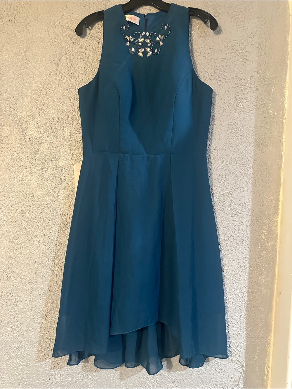 JJs House Teal Sleeveless High-Low Dress with Beaded Neckline